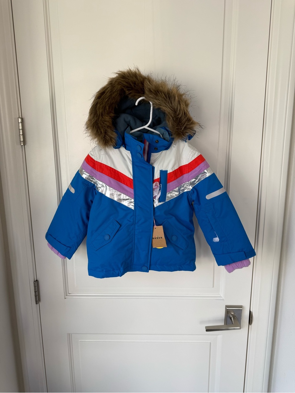 Mini Boden All Weather Winter Coat Waterproof Blue Faux Fur 3-4Y 3T 4T NEW w tag